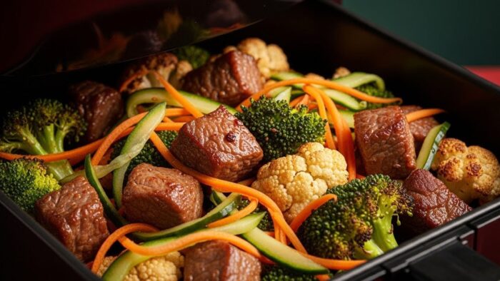 Carne y verduras en freidora de aire, preparación de comidas económica, rápida y abundante, mejor…
