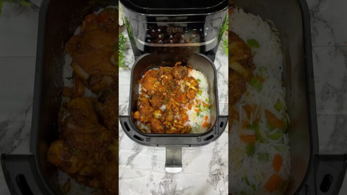 Arroz con pollo en una sola olla cocinado en freidora de aire | Receta sencilla y deliciosa