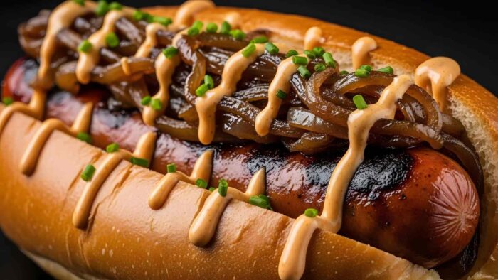 Hot dog gourmet con cebolla caramelizada