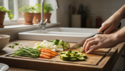 Caldo de verduras casero con puerro, judías y calabacín