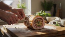 Lomo relleno de jamón serrano y bacon al horno