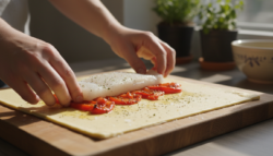 Lubina en hojaldre al horno con salsa de pimientos