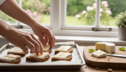 Queso brie fundido sobre pan de centeno con frutos rojos