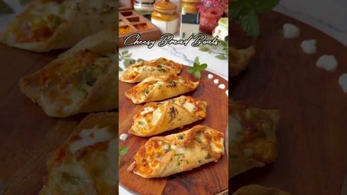 Cheesy Bread Boats #snack #recipe #foodvideo #food #shorts #trending #cooking #airfryerrecipes #yum