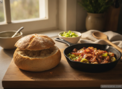 Bocadillo de huevo con bacon en panecillo al horno