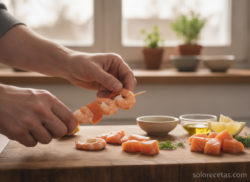 Brochetas de langostinos y salmón a la sartén