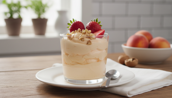 Cremoso de melocotón y nueces: postre sin horno