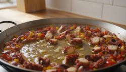 Paella de pulpo con sofrito de pimientos y azafrán