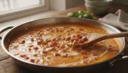 Pasta con mejillones y jamón en salsa cremosa de tomate