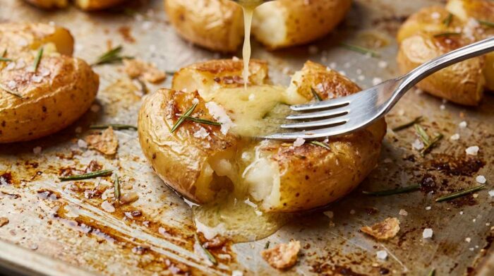 Patatas smash crujientes con parmesano y ajo