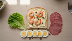 Sándwich tropical con gambas, salami y alcaparras
