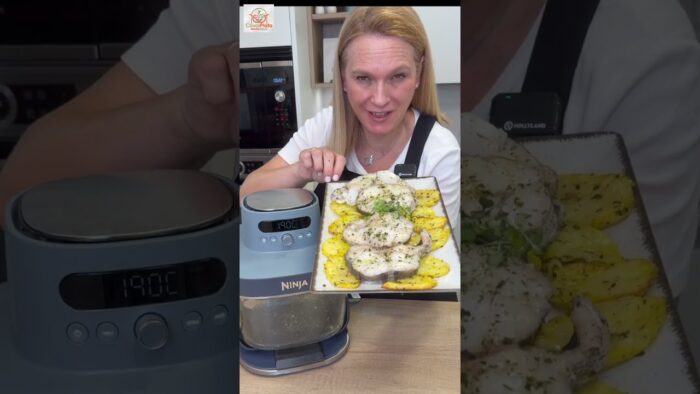 👩🍳MERLUZA🐟con PATATAS🥔en FREIDORA DE AIRE NINJA CRISPI PRO😋, receta muy jugosa y rápida🥰