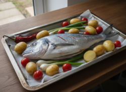 Besugo asado al horno con patatas y ajetes