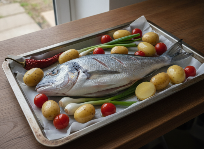 Besugo asado al horno con patatas y ajetes