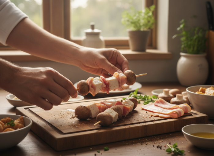 Brochetas de champiñones y pollo con bacon a la plancha