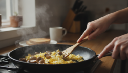 Huevos revueltos con champiñones sobre tostadas