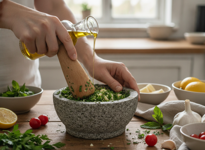 Macarrones al pesto casero de perejil, menta y piñones