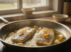 Merluza a la naranja con salsa de ajo
