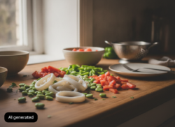 Calamares con arroz integral y habas frescas: receta ligera
